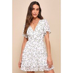 Lulus So True White Floral Print Tiered Short Sleeve Mini Dress